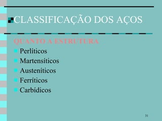 CLASSIFICAÇÃO DOS AÇOS QUANTO A ESTRUTURA Perlíticos Martensíticos Austeníticos Ferríticos Carbídicos 