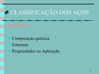 CLASSIFICAÇÃO DOS AÇOS QUANTO Composição química Estrutura Propriedades ou Aplicação 
