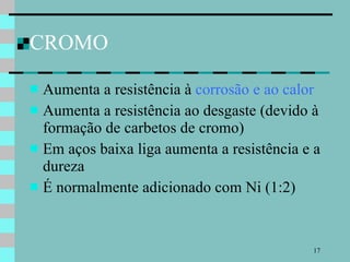 CROMO Aumenta a resistência à  corrosão e ao calor Aumenta a resistência ao desgaste (devido à formação de carbetos de cromo) Em aços baixa liga aumenta a resistência e a dureza É normalmente adicionado com Ni (1:2) 