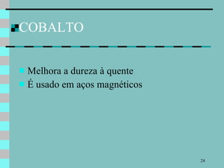 COBALTO Melhora a dureza à quente É usado em aços magnéticos 
