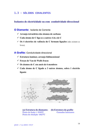 1.3 - SÓLIDOS COVALENTES
Isolantes de electricidade ou com condutividade direccional
O Diamante: Isolante de Corrente
Arranjo tetraédrico dos átomos de carbono
Cada átomo de C liga-se a outros 4 át.s de C
Os 4 electrões de valência do C formam ligações (não existem es
livres)
A Grafite: Condutividade direccional
Estrutura laminar, arranjo bidimensional
Forças de Van de Walls fracas
Os átomos de C em aneis de 6 membros
Cada átomo de C ligado a 3 outros átomos, sobra 1 electrão
ligante
(a) Estrutura do diamante; (b) Estrutura da grafite
Ponto de fusão > 3550ºC Camadas laminares
Ponto de ebulição: 4827ºC
QMAR – 2º Ano MIEEC //FEUP
14
 