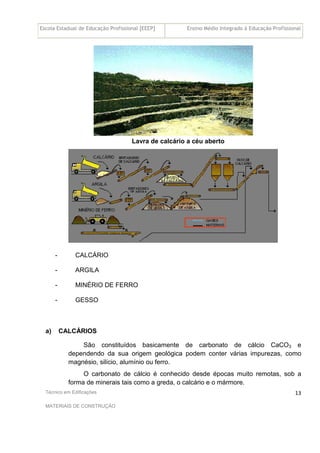 Escola Estadual de Educação Profissional [EEEP] Ensino Médio Integrado à Educação Profissional
Técnico em Edificações
MATERIAIS DE CONSTRUÇÃO
13
Lavra de calcário a céu aberto
- CALCÁRIO
- ARGILA
- MINÉRIO DE FERRO
- GESSO
a) CALCÁRIOS
São constituídos basicamente de carbonato de cálcio CaCO3 e
dependendo da sua origem geológica podem conter várias impurezas, como
magnésio, silício, alumínio ou ferro.
O carbonato de cálcio é conhecido desde épocas muito remotas, sob a
forma de minerais tais como a greda, o calcário e o mármore.
 