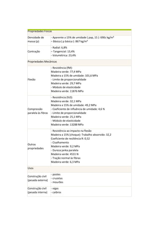 Propriedades Físicas Densidade de massa (ρ) - Aparente a 15% de umidade ( ρap, 15 ): 690c kg/m³ – Básica ( ρ básica ): 867 kg/m³ Contração - Radial: 6,8% – Tangencial: 13,4% - Volumétrica: 23,4% Propriedades Mecânicas Flexão - Resistência (fM): Madeira verde: 77,4 MPa Madeira a 15% de umidade: 101,6 MPa - Limite de proporcionalidade Madeira verde: 29,7 MPa - Módulo de elasticidade Madeira verde: 11876 MPa Compressão paralela às fibras - Resistência (fc0): Madeira verde: 32,1 MPa Madeira a 15% de umidade: 49,2 MPa - Coeficiente de influência de umidade: 4,6 % - Limite de proporcionalidade Madeira verde: 25,1 MPa - Módulo de elasticidade Madeira verde: 13288 MPa Outras propriedades - Resistência ao impacto na flexão Madeira a 15% (choque): Trabalho absorvido: 32,2 Coeficiente de resiliência R: 0,52 - Cisalhamento Madeira verde: 9,2 MPa - Dureza janka paralela Madeira verde: 4531 N - Tração normal às fibras Madeira verde: 6,3 MPa Usos Construção civil (pesada externa) - postes - cruzetas - mourões Construção civil (pesada interna) - vigas - caibros  