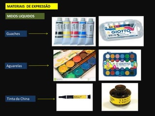 Guaches
MEIOS LIQUIDOS
Aguarelas
MATERIAIS DE EXPRESSÃO
 