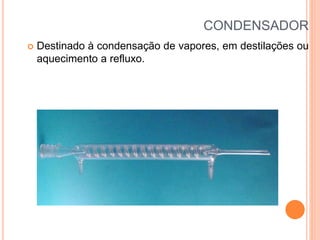 CONDENSADOR
 Destinado à condensação de vapores, em destilações ou
aquecimento a refluxo.
 