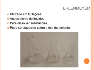 ERLENMEYER
 Utilizado em titulações
 Aquecimento de líquidos
 Para dissolver substâncias
 Pode ser aquecido sobre a tela de amianto.
 