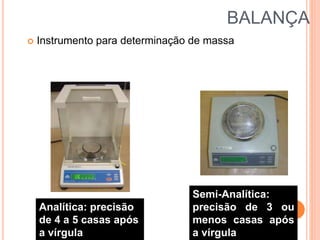 BALANÇA
 Instrumento para determinação de massa
Analítica: precisão
de 4 a 5 casas após
a vírgula
Semi-Analítica:
precisão de 3 ou
menos casas após
a vírgula
 