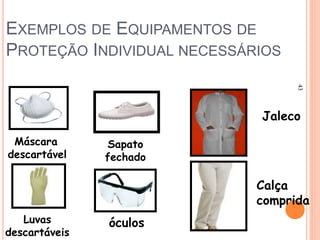 EXEMPLOS DE EQUIPAMENTOS DE
PROTEÇÃO INDIVIDUAL NECESSÁRIOS
Máscara
descartável
Luvas
descartáveis
Sapato
fechado
óculos
Jaleco
Calça
comprida
43
 