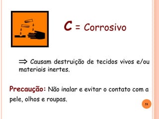 C = Corrosivo
 Causam destruição de tecidos vivos e/ou
materiais inertes.
Precaução: Não inalar e evitar o contato com a
pele, olhos e roupas.
51
 
