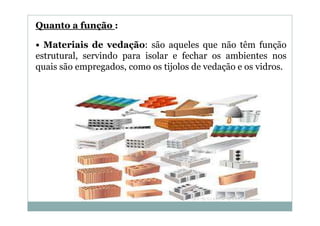 Quanto a função :
• Materiais de vedação: são aqueles que não têm função
estrutural, servindo para isolar e fechar os ambientes nos
quais são empregados, como os tijolos de vedação e os vidros.

 