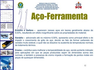  
                          SERVIÇO PÚBLICO FEDERAL
                       UNIVERSIDADE FEDERAL DO PARÁ
                     INSTITUTO DE TECNOLOGIA DA UFPA
                    FACULDADE DE ENGENHARIA MECÂNICA
                      DISCIPLINA: USINAGEM DOS METAIS




                 Aço-Ferramenta
Enxofre e fósforo - aparecem nesses aços em teores geralmente abaixo de
0,03%, resultando em efeito insignificante sobre as propriedades do material;

Vanádio - adicionado até no máximo 0,50%, apresenta como principal efeito o de
impedir o crescimento de grão do aço, devido ao fato de formar carboneto de
vanádio muito estável, o qual não se dissolve na austenita às temperaturas normais
de tratamento térmico.

Cromo – contribui para melhorar a temperabilidade do aço, sendo portanto indicado
para aplicações em que as peças produzidas sejam de dimensões acima das
normais, e também a presença de cromo impede a formação de pontos moles em
peças de quaisquer dimensões.


                                                                        12
 