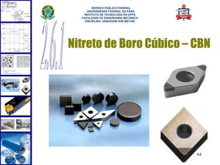  
        SERVIÇO PÚBLICO FEDERAL
     UNIVERSIDADE FEDERAL DO PARÁ
   INSTITUTO DE TECNOLOGIA DA UFPA
  FACULDADE DE ENGENHARIA MECÂNICA
    DISCIPLINA: USINAGEM DOS METAIS




Nitreto de Boro Cúbico – CBN




                                      64
 