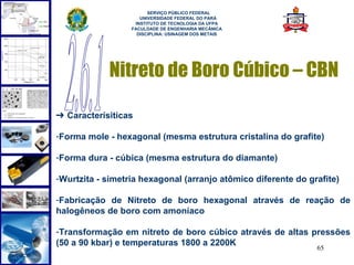  
                        SERVIÇO PÚBLICO FEDERAL
                     UNIVERSIDADE FEDERAL DO PARÁ
                   INSTITUTO DE TECNOLOGIA DA UFPA
                  FACULDADE DE ENGENHARIA MECÂNICA
                    DISCIPLINA: USINAGEM DOS METAIS




            Nitreto de Boro Cúbico – CBN

➔ Caracterísiticas

-Forma mole - hexagonal (mesma estrutura cristalina do grafite)

-Forma dura - cúbica (mesma estrutura do diamante)

-Wurtzita - simetria hexagonal (arranjo atômico diferente do grafite)

-Fabricação de Nitreto de boro hexagonal através de reação de
halogêneos de boro com amoníaco

-Transformação em nitreto de boro cúbico através de altas pressões
(50 a 90 kbar) e temperaturas 1800 a 2200K
                                                               65
 