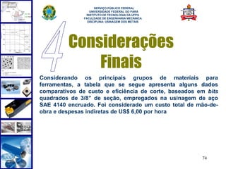  
                     SERVIÇO PÚBLICO FEDERAL
                  UNIVERSIDADE FEDERAL DO PARÁ
                INSTITUTO DE TECNOLOGIA DA UFPA
               FACULDADE DE ENGENHARIA MECÂNICA
                 DISCIPLINA: USINAGEM DOS METAIS




         Considerações
             Finais
Considerando os principais grupos de materiais para
ferramentas, a tabela que se segue apresenta alguns dados
comparativos de custo e eficiência de corte, baseados em bits
quadrados de 3/8” de seção, empregados na usinagem de aço
SAE 4140 encruado. Foi considerado um custo total de mão-de-
obra e despesas indiretas de US$ 6,00 por hora




                                                       74
 