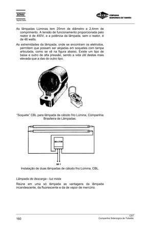 Espírito Santo
_________________________________________________________________________________________________
_________________________________________________________________________________________________
CST
160 Companhia Siderúrgica de Tubarão
As lâmpadas Lúminas tem 25mm de diâmetro e 2,4mm de
comprimento. A tensão de funcionamento proporcionada pelo
reator é de 450V, e a potência da lâmpada, sem o reator, é
de 46 watts.
As extremidades da lâmpada, onde se encontram os eletrodos,
permitem que possam ser alojadas em soquetes com tampa
articulada, como se vê na figura abaixo. Existe um tipo de
baixa e outro de alta pressão, sendo a vida útil destas mais
elevada que a das do outro tipo.
“Soquete” CBL para lâmpada de cátodo frio Lúmina, Companhia
Brasileira de Lâmpadas.
Instalação de duas lâmpadas de cátodo frio Lúmina, CBL.
Lâmpada de descarga - luz mista
Reúne em uma só lâmpada as vantagens da lâmpada
incandescente, da fluorescente e da de vapor de mercúrio.
 