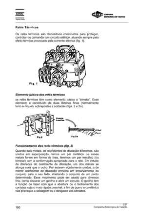 Espírito Santo
_________________________________________________________________________________________________
_________________________________________________________________________________________________
CST
180 Companhia Siderúrgica de Tubarão
Relés Térmicos
Os relés térmicos são dispositivos construídos para proteger,
controlar ou comandar um circuito elétrico, atuando sempre pelo
efeito térmico provocado pela corrente elétrica (fig. 1).
Elemento básico dos relés térmicos
os relés térmicos têm como elemento básico o “bimetal”. Esse
elemento é constituído de duas lâminas finas (normalmente
ferro e níquel), sobrepostas e soldadas (figs. 2 e 2a).
Funcionamento dos relés térmicos (fig. 3)
Quando dois metais, de coeficientes de dilatação diferentes, são
unidos em superposição, temos um par metálico. se esses
metais forem em forma de tiras, teremos um par metálico (ou
bimetal) com a conformação apropriada para o relé. Em virtude
da diferença do coeficiente de dilatação, um dos metais se
alonga mais que o outro. Por estarem rigidamente unidos, o de
menor coeficiente de dilatação provoca um encurvamento do
conjunto para o seu lado, afastando o conjunto de um ponto
determinado. Esse movimento pode ser usado para diversos
fins, como disparar um gatilho e abrir um circuito. O gatilho tem
a função de fazer com que a abertura ou o fechamento dos
contatos seja o mais rápido possível, a fim de que o arco elétrico
não provoque a soldagem ou o desgaste dos contatos.
 