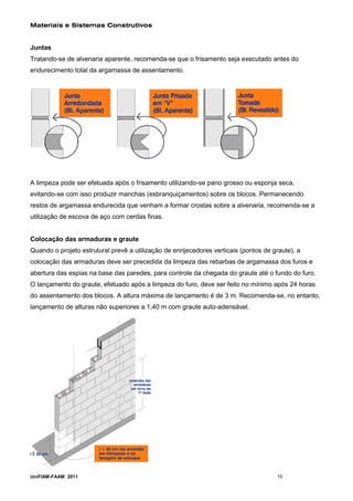 Materiais e Sistemas Construtivos


Juntas
Tratando-se de alvenaria aparente, recomenda-se que o frisamento seja executado antes do
endurecimento total da argamassa de assentamento.




A limpeza pode ser efetuada após o frisamento utilizando-se pano grosso ou esponja seca,
evitando-se com isso produzir manchas (esbranquiçamentos) sobre os blocos. Permanecendo
restos de argamassa endurecida que venham a formar crostas sobre a alvenaria, recomenda-se a
utilização de escova de aço com cerdas finas.


Colocação das armaduras e graute
Quando o projeto estrutural prevê a utilização de enrijecedores verticais (pontos de graute), a
colocação das armaduras deve ser precedida da limpeza das rebarbas de argamassa dos furos e
abertura das espias na base das paredes, para controle da chegada do graute até o fundo do furo.
O lançamento do graute, efetuado após a limpeza do furo, deve ser feito no mínimo após 24 horas
do assentamento dos blocos. A altura máxima de lançamento é de 3 m. Recomenda-se, no entanto,
lançamento de alturas não superiores a 1,40 m com graute auto-adensável.




UniFIAM-FAAM 2011                                                                     15
 