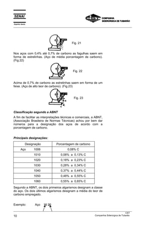 Espírito Santo
__________________________________________________________________________________________________
__________________________________________________________________________________________________
CST
10 Companhia Siderúrgica de Tubarão
Nos aços com 0,4% até 0,7% de carbono as fagulhas saem em
forma de estrelinhas. (Aço de média porcentagem de carbono).
(Fig.22)
Acima de 0,7% de carbono as estrelinhas saem em forma de um
feixe. (Aço de alto teor de carbono). (Fig.23)
Classificação segundo a ABNT
A fim de facilitar as interpretações técnicas e comerciais, a ABNT,
(Associação Brasileira de Normas Técnicas) achou por bem dar
números para a designação dos aços de acordo com a
porcentagem de carbono.
Principais designações:
Designação Porcentagem de carbono
Aço 1006 0,08% C
1010 0,08% a 0,13% C
1020 0,18% a 0,23% C
1030 0,28% a 0,34% C
1040 0,37% a 0,44% C
1050 0,48% a 0,55% C
1060 0,55% a 0,65% C
Segundo a ABNT, os dois primeiros algarismos designam a classe
do aço. Os dois últimos algarismos designam a média do teor de
carbono empregado.
Exemplo: Aço 10 20
Fig. 21
Fig. 22
Fig. 23
 