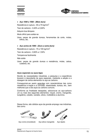 Espírito Santo
__________________________________________________________________________________________________
__________________________________________________________________________________________________
SENAI
Departamento Regional do Espírito Santo 15
• Aço 1040 a 1060 - (Meio duro)
Resistência à ruptura - 65 a 75 kg/mm
2
Teor de carbono - 0,40% a 0,60%
Adquire boa têmpera
Muito difícil para soldar-se
Usos: peças de grande dureza, ferramentas de corte, molas,
trilhos, etc.
• Aço acima de 1060 - (Duro a extra-duro)
Resistência à ruptura - 75 a 100 kg/mm
2
Teor de carbono - 0,60% a 1,50%
Tempera-se facilmente
Não solda
Usos: peças de grande dureza e resistência, molas, cabos,
cutelaria, etc.
Aços especiais ou aços-ligas
Devido às necessidades industriais, a pesquisa e a experiência
levaram à descoberta de aços especiais, mediante a adição e a
dosagem de certos elementos no aço ao carbono.
Conseguiram-se assim aços-liga com características tais como
resistência à tração e à corrosão, elasticidade, dureza, etc., bem
melhores que a dos aços ao carbono comuns.
Conforme as finalidade desejadas, adiciona-se ao aço-carbono
um ou mais dos seguintes elementos: níquel, cromo, manganês,
tungstênio, cobalto, vanádio, silício, molibdênio e alumínio.
Dessa forma, são obtidos aços de grande emprego nas indústrias,
tais como:
Aço cromo (inoxidável) Aço silício manganês Aço rápido
 