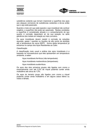Espírito Santo
__________________________________________________________________________________________________
__________________________________________________________________________________________________
SENAI
Departamento Regional do Espírito Santo 19
substância oxidante que tornam insensível a superfície dos aços
aos ataques corrosivos de substâncias oxidantes e diz-se então
que o aço está passivado.
Quando o meio em que está exposto o aço inoxidável não contiver
oxigênio, a superfície não pode ser passivada. Nestas condições
a superfície é considerada ativada e o comportamento do aço
quanto à corrosão dependerá só da sua posição na série
galvânica dos metais em relação ao meio corrosivo.
Os aços inoxidáveis devem resistir à corrosão de soluções
aquosas, gases / quentes ou líquidos de alto ponto de ebulição
até a temperatura de cerca 650ºC. Acima desta temperatura já
entramos no campo dos Aços Resistentes ao Calor.
Classificação
A classificação mais usual e prática dos aços inoxidáveis é a
baseada na microestrutura que eles apresentam em temperatura
ambiente, a saber:
Aços inoxidáveis ferríticos (não temperáveis)
Aços inoxidáveis martensíticos (temperáveis)
Aços inoxidáveis austeníticos
Os aços dos dois primeiros grupos são ligados com cromo e
eventualmente com até 2,5% de níquel podendo conter ainda
molibdênio até cerca de 1,5%.
Os aços do terceiro grupo são ligados com cromo e níquel
podendo contar ainda molibdênio e em alguns casos titânio ou
nióbio e tântalo.
 