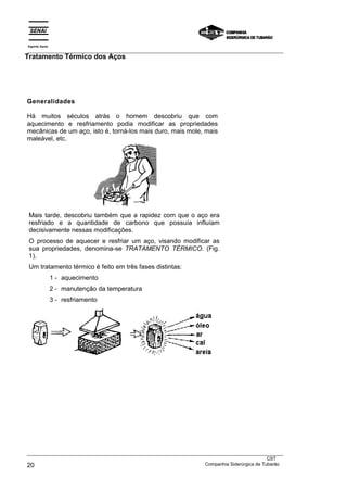 Espírito Santo
___________________________________________________________________________________________________
Tratamento Térmico dos Aços
___________________________________________________________________________________________________
CST
20 Companhia Siderúrgica de Tubarão
Generalidades
Há muitos séculos atrás o homem descobriu que com
aquecimento e resfriamento podia modificar as propriedades
mecânicas de um aço, isto é, torná-los mais duro, mais mole, mais
maleável, etc.
Mais tarde, descobriu também que a rapidez com que o aço era
resfriado e a quantidade de carbono que possuía influíam
decisivamente nessas modificações.
O processo de aquecer e resfriar um aço, visando modificar as
sua propriedades, denomina-se TRATAMENTO TÉRMICO. (Fig.
1).
Um tratamento térmico é feito em três fases distintas:
1 - aquecimento
2 - manutenção da temperatura
3 - resfriamento
 