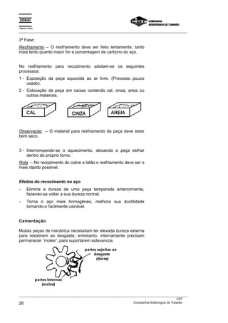 Espírito Santo
___________________________________________________________________________________________________
___________________________________________________________________________________________________
CST
26 Companhia Siderúrgica de Tubarão
3ª Fase:
Resfriamento – O resfriamento deve ser feito lentamente, tanto
mais lento quanto maior for a porcentagem de carbono do aço.
No resfriamento para recozimento adotam-se os seguintes
processos:
1 - Exposição da peça aquecida ao ar livre. (Processo pouco
usado).
2 - Colocação da peça em caixas contendo cal, cinza, areia ou
outros materiais.
Observação – O material para resfriamento da peça deve estar
bem seco.
3 - Interrompendo-se o aquecimento, deixando a peça esfriar
dentro do próprio forno.
Nota – No recozimento do cobre e latão o resfriamento deve ser o
mais rápido possível.
Efeitos do recozimento no aço
− Elimina a dureza de uma peça temperada anteriormente,
fazendo-se voltar a sua dureza normal.
− Torna o aço mais homogêneo, melhora sua ductilidade
tornando-o facilmente usinável.
Cementação
Muitas peças de mecânica necessitam ter elevada dureza externa
para resistirem ao desgaste; entretanto, internamente precisam
permanecer “moles”, para suportarem solavancos.
 