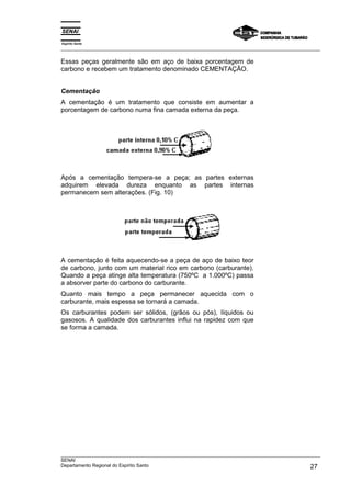 Espírito Santo
___________________________________________________________________________________________________
___________________________________________________________________________________________________
SENAI
Departamento Regional do Espírito Santo 27
Essas peças geralmente são em aço de baixa porcentagem de
carbono e recebem um tratamento denominado CEMENTAÇÃO.
Cementação
A cementação é um tratamento que consiste em aumentar a
porcentagem de carbono numa fina camada externa da peça.
Após a cementação tempera-se a peça; as partes externas
adquirem elevada dureza enquanto as partes internas
permanecem sem alterações. (Fig. 10)
A cementação é feita aquecendo-se a peça de aço de baixo teor
de carbono, junto com um material rico em carbono (carburante).
Quando a peça atinge alta temperatura (750ºC a 1.000ºC) passa
a absorver parte do carbono do carburante.
Quanto mais tempo a peça permanecer aquecida com o
carburante, mais espessa se tornará a camada.
Os carburantes podem ser sólidos, (grãos ou pós), líquidos ou
gasosos. A qualidade dos carburantes influi na rapidez com que
se forma a camada.
 