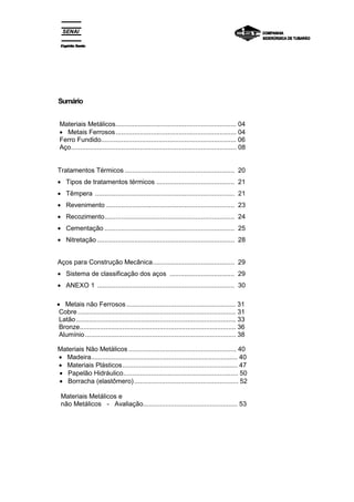 Espírito Santo
Sumário
Materiais Metálicos................................................................. 04
• Metais Ferrosos................................................................. 04
Ferro Fundido......................................................................... 06
Aço......................................................................................... 08
Tratamentos Térmicos ........................................................... 20
• Tipos de tratamentos térmicos .......................................... 21
• Têmpera ........................................................................... 21
• Revenimento ..................................................................... 23
• Recozimento...................................................................... 24
• Cementação ...................................................................... 25
• Nitretação .......................................................................... 28
Aços para Construção Mecânica............................................ 29
• Sistema de classificação dos aços ................................... 29
• ANEXO 1 .......................................................................... 30
• Metais não Ferrosos........................................................... 31
Cobre ..................................................................................... 31
Latão...................................................................................... 33
Bronze.................................................................................... 36
Alumínio ................................................................................. 38
Espírito Santo
Materiais Não Metálicos .......................................................... 40
• Madeira............................................................................... 40
• Materiais Plásticos.............................................................. 47
• Papelão Hidráulico.............................................................. 50
• Borracha (elastômero)........................................................ 52
Materiais Metálicos e
não Metálicos - Avaliação................................................... 53
 