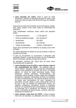 Espírito Santo
__________________________________________________________________________________________________
__________________________________________________________________________________________________
CST
32 Companhia Siderúrgica de Tubarão
• cobre refundido (Cu CAST), obtido a partir de cobre
secundário e utilizado na fabricação de ligas de cobre; o teor
mínimo de cobre (e prata) varia de 99,75% (grau A) a 99,50%
(grau B).
Esses tipos de cobre são fornecidos em forma de placas, chapas,
tiras, barras, arames e fios, tubos, perfis ou conformados por
forjamento.
Suas propriedades mecânicas variam dentro dos seguintes
limites:
− limite de escoamento - 5 a 35 kgf/mm
2
− limite de resistência à tração - 22 a 45 kgf/mm
2
− alongamento - 48 a 60%
− dureza Brinell - 45 a 105 HB
− módulo de elasticidade - 12.000 a 13.500 kgf/mm
2
Alguns tipos apresentam boa resistência ao choque e bom limite
de fadiga.
Os valores dependem do estado em que se encontra o metal, se
recozido ou encruado.
O grau de encruamento ou recozimento é designado pela
expressão “têmpera”, a qual não tem nada a ver com o tratamento
térmico de têmpera, aplicado nas ligas ferro-carbono.
As aplicações industriais dos vários tipos de cobre acima
mencionados são as seguintes:
• cobre eletrolítico tenaz (Cu ETP) e cobre refinado a fogo de
alta condutibilidade (Cu FRHC) - de qualidade mais ou
menos idêntica - aplicações onde se exige alta condutibilidade
elétrica e boa resistência à corrosão, tais como: na indústria
elétrica, na forma de cabos condutores aéreos, linhas
telefônicas, motores geradores, transformadores, fios
esmaltados, barras coletoras, contatos, fiação para instalações
domésticas e industriais, interruptores, terminais, em aparelhos
de rádio e em televisores tec.; na indústria mecânica, na forma
de peças para permutadores de calor, radiadores de
automóveis, arruelas, rebites e outros componentes na forma
de tiras e fios; na indústria de equipamento químico, em
caldeiras, destiladores, alambiques, tanques e recipientes
diversos, em equipamento para processamento de alimentos;
na construção civil e arquitetura, em telhados e fachadas,
calhas e condutores de águas pluviais, cumieiras, pára-raios,
revestimentos artísticos etc;
• cobre refinado a fogo tenaz (Cu FRTP) - embora contendo
maior teor de impurezas, as aplicações são mais ou menos
 