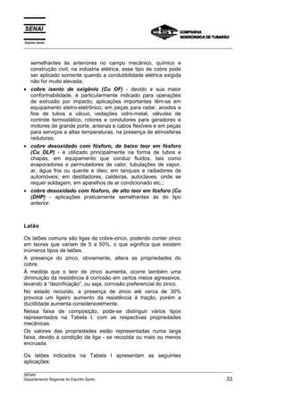 Espírito Santo
__________________________________________________________________________________________________
__________________________________________________________________________________________________
SENAI
Departamento Regional do Espírito Santo 33
semelhantes às anteriores no campo mecânico, químico e
construção civil; na indústria elétrica, esse tipo de cobre pode
ser aplicado somente quando a condutibilidade elétrica exigida
não for muito elevada;
• cobre isento de oxigênio (Cu OF) - devido a sua maior
conformabilidade, é particularmente indicado para operações
de extrusão por impacto; aplicações importantes têm-se em
equipamento eletro-eletrônico, em peças para radar, anodos e
fios de tubos a vácuo, vedações vidro-metal, válvulas de
controle termostático, rotores e condutores para geradores e
motores de grande porte, antenas e cabos flexíveis e em peças
para serviços a altas temperaturas, na presença de atmosferas
redutoras;
• cobre desoxidado com fósforo, de baixo teor em fósforo
(Cu DLP) - é utilizado principalmente na forma de tubos e
chapas, em equipamento que conduz fluidos, tais como
evaporadores e permutadores de calor, tubulações de vapor,
ar, água fria ou quente e óleo; em tanques e radiadores de
automóveis; em destiladores, caldeiras, autoclaves, onde se
requer soldagem, em aparelhos de ar condicionado etc.;
• cobre desoxidado com fósforo, de alto teor em fósforo (Cu
(DHP) - aplicações praticamente semelhantes às do tipo
anterior.
Latão
Os latões comuns são ligas de cobre-zinco, podendo conter zinco
em teores que variam de 5 a 50%, o que significa que existem
inúmeros tipos de latões.
A presença do zinco, obviamente, altera as propriedades do
cobre.
À medida que o teor de zinco aumenta, ocorre também uma
diminuição da resistência à corrosão em certos meios agressivos,
levando à “dezinficação”, ou seja, corrosão preferencial do zinco.
No estado recozido, a presença de zinco até cerca de 30%
provoca um ligeiro aumento da resistência à tração, porém a
ductilidade aumenta consideravelmente.
Nessa faixa de composição, pode-se distinguir vários tipos
representados na Tabela I, com as respectivas propriedades
mecânicas.
Os valores das propriedades estão representadas numa larga
faixa, devido à condição da liga - se recozida ou mais ou menos
encruada.
Os latões indicados na Tabela I apresentam as seguintes
aplicações:
 