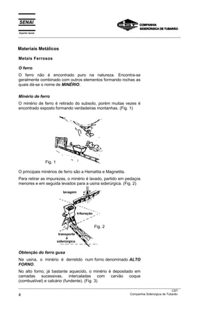 Espírito Santo
__________________________________________________________________________________________________
__________________________________________________________________________________________________
CST
4 Companhia Siderúrgica de Tubarão
Materiais Metálicos
Metais Ferrosos
O ferro
O ferro não é encontrado puro na natureza. Encontra-se
geralmente combinado com outros elementos formando rochas as
quais dá-se o nome de MINÉRIO.
Minério de ferro
O minério de ferro é retirado do subsolo, porém muitas vezes é
encontrado exposto formando verdadeiras montanhas. (Fig. 1)
O principais minérios de ferro são a Hematita e Magnetita.
Para retirar as impurezas, o minério é lavado, partido em pedaços
menores e em seguida levados para a usina siderúrgica. (Fig. 2)
Obtenção do ferro gusa
Na usina, o minério é derretido num forno denominado ALTO
FORNO.
No alto forno, já bastante aquecido, o minério é depositado em
camadas sucessivas, intercaladas com carvão coque
(combustível) e calcário (fundente). (Fig. 3)
Fig. 1
Fig. 2
 