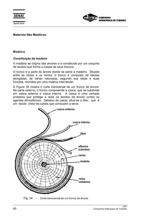 Espírito Santo
__________________________________________________________________________________________________
__________________________________________________________________________________________________
CST
40 Companhia Siderúrgica de Tubarão
Materiais Não Metálicos
Madeira
Constituição da madeira
A madeira se origina das árvores e é constituída por um conjunto
de tecidos que forma a massa de seus troncos.
O tronco é a parte da árvore donde se extrai a madeira. Situado
entre as raízes e os ramos, o tronco é composto de células
alongadas, de várias naturezas, segundo sua idade e suas
funções, reunidas por uma matéria intercelular.
A Figura 34 mostra o corte transversal de um tronco de árvore.
Na parte externa, o tronco compreende a casca, que se subdivide
em casca externa e casca interna. A casca é uma camada
protetora que protege e isola os tecidos da árvore contra os
agentes atmosféricos. Debaixo da casca, situa-se o liber, que é
um tecido cheio de canais que conduzem a seiva
Fig. 34 - Corte transversal de um tronco de árvore.
 