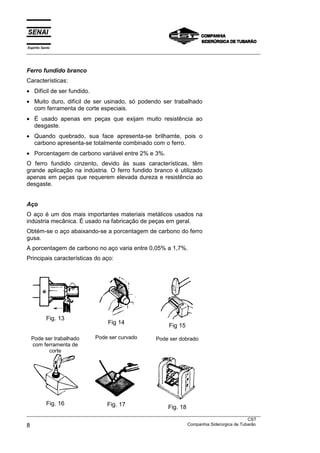 Espírito Santo
__________________________________________________________________________________________________
__________________________________________________________________________________________________
CST
8 Companhia Siderúrgica de Tubarão
Ferro fundido branco
Características:
• Difícil de ser fundido.
• Muito duro, difícil de ser usinado, só podendo ser trabalhado
com ferramenta de corte especiais.
• É usado apenas em peças que exijam muito resistência ao
desgaste.
• Quando quebrado, sua face apresenta-se brilhamte, pois o
carbono apresenta-se totalmente combinado com o ferro.
• Porcentagem de carbono variável entre 2% e 3%.
O ferro fundido cinzento, devido às suas características, têm
grande aplicação na indústria. O ferro fundido branco é utilizado
apenas em peças que requerem elevada dureza e resistência ao
desgaste.
Aço
O aço é um dos mais importantes materiais metálicos usados na
indústria mecânica. É usado na fabricação de peças em geral.
Obtém-se o aço abaixando-se a porcentagem de carbono do ferro
gusa.
A porcentagem de carbono no aço varia entre 0,05% a 1,7%.
Principais características do aço:
Fig. 13
Pode ser trabalhado
com ferramenta de
corte
Fig 14
Pode ser curvado
Fig 15
Pode ser dobrado
Fig. 16 Fig. 17 Fig. 18
 