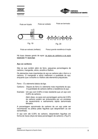 Espírito Santo
__________________________________________________________________________________________________
__________________________________________________________________________________________________
SENAI
Departamento Regional do Espírito Santo 9
Pode ser forjado Pode ser soldado Pode ser laminado
Fig. 19
Pode ser estirado (trefilado)
Fig. 20
Possui grande resistência à tração
Há duas classes gerais de aços: os aços ao carbono e os aços
especiais ou aços-liga.
Aço ao carbono
São os que contém além do ferro, pequenas porcentagens de
carbono, manganês, silício, enxofre e fósforo.
Os elementos mais importantes do aço ao carbono são o ferro e o
carbono. O manganês e silício melhoram a qualidade do aço,
enquanto que o enxofre e o fósforo são elementos prejudiciais.
Ferro - É o elemento básico da liga.
Carbono - Depois do ferro é o elemento mais importante do aço.
A quantidade de carbono define a resistência do aço.
Exemplo: Um aço com 0,50% é mais resistente que um aço com
0,20% de carbono.
Além disso, os aços com porcentagem acima de 0,35%
de carbono podem ser endurecidos por um processo
de aquecimento e resfriamento rápido denominado
têmpera.
A porcentagem aproximada de carbono de um aço pode ser
reconhecida na prática pelas fagulhas que desprendem ao ser
esmerilhado.
O aço com até 0,35% de carbono, desprendem fagulhas em
forma de riscos (Aços de baixa porcentagem de carbono). (Fig.21)
 