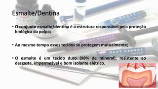 Esmalte/Dentina
• O conjunto esmalte/dentina é a estrutura responsável pela proteção
biológica da polpa;
• Ao mesmo tempo esses tecidos se protegem mutualmente;
• O esmalte é um tecido duro (98% de mineral), resistente ao
desgaste, impermeável e bom isolante elétrico.
 