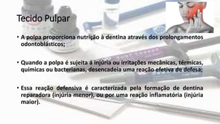 Tecido Pulpar
• A polpa proporciona nutrição à dentina através dos prolongamentos
odontoblásticos;
• Quando a polpa é sujeita á injúria ou irritações mecânicas, térmicas,
químicas ou bacterianas, desencadeia uma reação efetiva de defesa;
• Essa reação defensiva é caracterizada pela formação de dentina
reparadora (injúria menor), ou por uma reação inflamatória (injúria
maior).
 