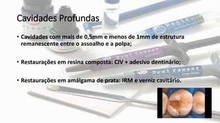 Cavidades Profundas
• Cavidades com mais de 0,5mm e menos de 1mm de estrutura
remanescente entre o assoalho e a polpa;
• Restaurações em resina composta: CIV + adesivo dentinário;
• Restaurações em amálgama de prata: IRM e verniz cavitário.
 