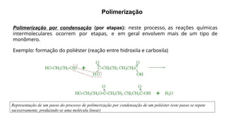 Polimerização por condensação (por etapas): neste processo, as reações químicas
intermoleculares ocorrem por etapas, e em geral envolvem mais de um tipo de
monômero.
Exemplo: formação do poliéster (reação entre hidroxila e carboxila)
Polimerização
Representação de um passo do processo de polimerização por condensação de um poliéster (este passo se repete
sucessivamente, produzindo-se uma molécula linear)
 