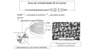 Grau de cristalinidade (% em peso)
%cristalinidade(em peso) 
ρ c (ρs  ρ a )
100
ρs (ρc ρ a )
onde: S, densidade do polímero; a, densidade da parte
amorfa;
c, densidade da parte cristalina
Representação de uma estrutura esferulítica
Microfotografia de uma estrutura
esferulítica. Luz polarizada
 