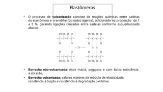 PMT 2100 - Introdução à Ciência dos Materiais para Engenharia - 2005
• O processo de vulcanização consiste de reações químicas entre cadeias
do elastômero e o enxôfre (ou outro agente), adicionado na proporção de 1
a 5 %, gerando ligações cruzadas entre cadeias conforme esquematizado
abaixo:
• Borracha não-vulcanizada: mais macia, pegajosa e com baixa resistência
à abrasão.
• Borracha vulcanizada: valores maiores de módulo de elasticidade,
resistência à tração e resistência à degradação oxidativa.
Elastômeros
 