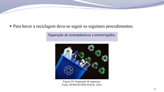  Para haver a reciclagem deve-se seguir os seguintes procedimentos:
25
Separação de termoplásticos e termorrígidos.
Figura 24: Separação de materiais.
Fonte: ROMANURSUHACK, 2016.
 