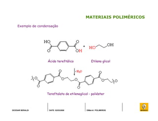 DICESAR BERALDI DATE: 02/03/2008 DIMat-A / POLIMEROS
MATERIAIS POLIMÉRICOS
Exemplo de condensação
Ácido tereftálico Etileno glicol
Tereftalato de etilenoglicol - poliéster
 