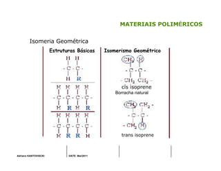 Adriano KANTOVISCKI DATE: Mai/2011
MATERIAIS POLIMÉRICOS
trans isoprene
cis isoprene
Borracha natural
Estruturas Básicas Isomerismo Geométrico
Isomeria Geométrica
 