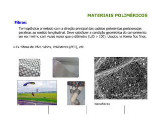 MATERIAIS POLIMÉRICOS
Fibras:
Termoplástico orientado com a direção principal das cadeias poliméricas posicionadas
paralelas ao sentido longitudinal. Deve satisfazer a condição geométrica do comprimento
ser no mínimo cem vezes maior que o diâmetro (L/D > 100). Usados na forma fios finos.
• Ex.:fibras de PAN,nylons, Poliésteres (PET), etc.
Nanofibras
 