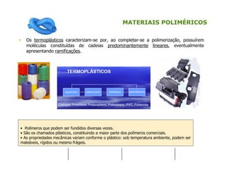 MATERIAIS POLIMÉRICOS
Os termoplásticos caracterizam-se por, ao completar-se a polimerização, possuírem
moléculas constituídas de cadeias predominantemente lineares, eventualmente
apresentando ramificações.
• Polímeros que podem ser fundidos diversas vezes.
• São os chamados plásticos, constituindo a maior parte dos polímeros comerciais.
• As propriedades mecânicas variam conforme o plástico: sob temperatura ambiente, podem ser
maleáveis, rígidos ou mesmo frágeis.
 