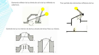 Elemento refletor da luz direta do sol e da luz refletida na
cobertura.
Tirar partido dos elementos refletores da luz.
Controle da luz no interior do domus através de brises fixos ou móveis.
 