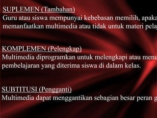 SUPLEMEN (Tambahan)
Guru atau siswa mempunyai kebebasan memilih, apaka
memanfaatkan multimedia atau tidak untuk materi pelaj
KOMPLEMEN (Pelengkap)
Multimedia diprogramkan untuk melengkapi atau menu
pembelajaran yang diterima siswa di dalam kelas.
SUBTITUSI (Pengganti)
Multimedia dapat menggantikan sebagian besar peran g
 