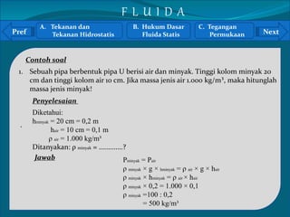 Pref Next 
Contoh soal 
1. Sebuah pipa berbentuk pipa U berisi air dan minyak. Tinggi kolom minyak 20 
` 
cm dan tinggi kolom air 10 cm. Jika massa jenis air 1.000 kg/m³, maka hitunglah 
massa jenis minyak! 
Penyelesaian 
Diketahui: 
hminyak = 20 cm = 0,2 m 
hair = 10 cm = 0,1 m 
ρ air = 1.000 kg/m³ 
Ditanyakan: ρ minyak = .............? 
Jawab Pminyak = Pair 
ρ minyak × g × hminyak = ρ air × g × hair 
ρ minyak × hminyak = ρ air × hair 
ρ minyak × 0,2 = 1.000 × 0,1 
ρ minyak =100 : 0,2 
= 500 kg/m³ 
A. Tekanan dan 
Tekanan Hidrostatis 
B. Hukum Dasar 
Fluida Statis 
C. Tegangan 
Permukaan 
F L U I D A 
 