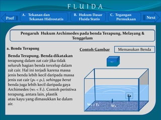 Pref Next 
` 
Pengaruh Hukum Archimedes pada benda Terapung, Melayang & 
Tenggelam 
a. Benda Terapung 
Benda Terapung. Benda dikatakan 
terapung dalam zat cair jika tidak 
seluruh bagian benda tercelup dalam 
zat cair. Hal ini terjadi karena massa 
jenis benda lebih kecil daripada massa 
jenis zat cair (ρb < ρc), sehingga berat 
benda juga lebih kecil daripada gaya 
Archimedes (wb < Fa). Contoh peristiwa 
terapung, antara lain, plastik 
atau kayu yang dimasukkan ke dalam 
air. 
Contoh Gambar 
W 
Memasukan Benda 
Fa 
Wb Wb < Fa 
A. Tekanan dan 
Tekanan Hidrostatis 
B. Hukum Dasar 
Fluida Statis 
C. Tegangan 
Permukaan 
F L U I D A 
 