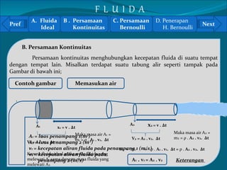 A. Fluida 
B . Persamaan 
Pref Next 
` 
Ideal 
Kontinuitas 
B. Persamaan Kontinuitas 
Persamaan kontinuitas menghubungkan kecepatan fluida di suatu tempat 
dengan tempat lain. Misalkan terdapat suatu tabung alir seperti tampak pada 
Gambar di bawah ini; 
Contoh gambar Memasukan air 
v1 v2 
A1 x1 = v . Δt x2 = v . Δt A2 
A1 = luas penampang 1(m²) 
A2 = luas penampang 2 (m²) 
v1 = kecepatan aliran fluida pada penampang 1 (m/s) 
v2 = kecepatan aliran fluida pada 
V1 = A1 . v1. Δt 
V2 = A2 . v2. Δt 
Maka masa air A1 = 
m1 = ρ . A1 . v1. Δt 
Maka masa air A2 = 
m2 = ρ . A2 . v2. Δt 
Karena fluida ideal maka masa fluida yang 
melewati A1 sama dengan masa fluida yang 
melewati A2 
m1 = m2 ››› ρ . A1 . v1. Δt = ρ . A2 . v2. Δt 
A1 . v1 = A2 . v2 Keterangan 
penampang 2 (m/s) 
C. Persamaan 
Bernoulli 
D. Penerapan 
H. Bernoulli 
F L U I D A 
 